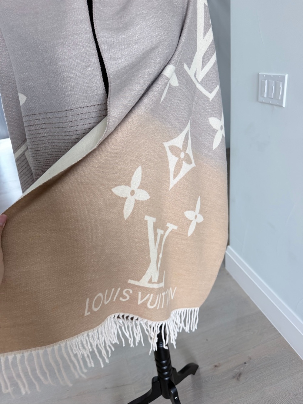 Luxury Gradient Fringe Shawl Scarf- Beige Taupe - Picture 3 of 13